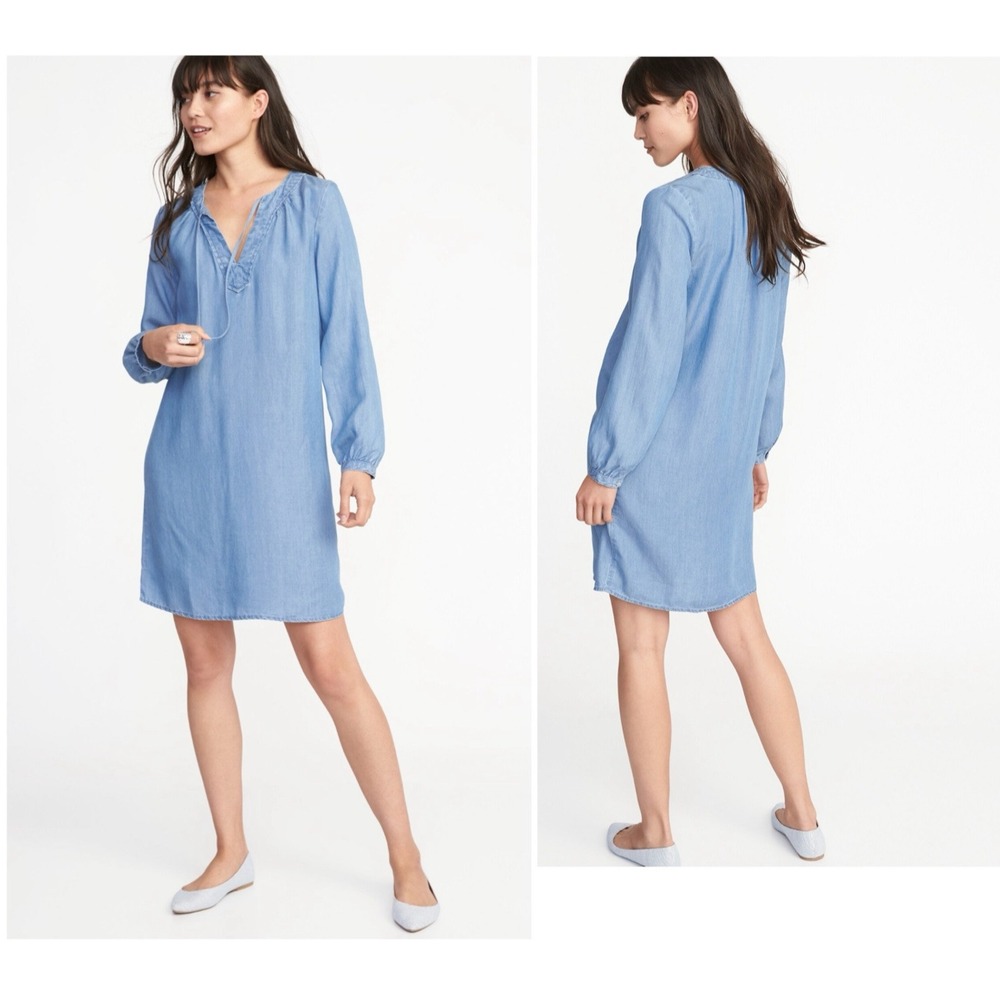 Women's Old Navy Tencel Tie-Neck Shift Dress for Women Blue XXL